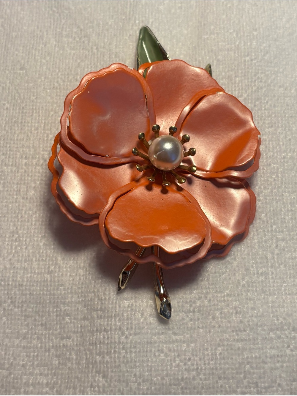 Vintage Orange enamel Metal Flower Brooch Faux Pearl Center Leaf Accents